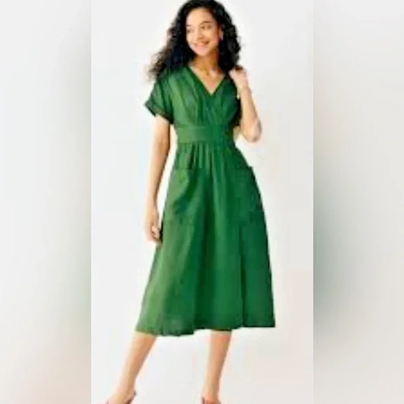 Grae Cove Frankie Linen Navy Blue Pocket V-neck Wrap Belted Midi Dress Large - Picture 10 of 10